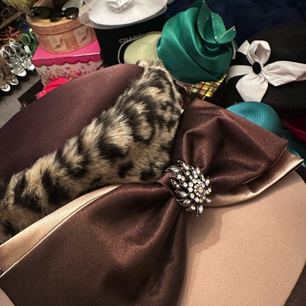 Elegant Brown and Cream Hat with Leopard Accent